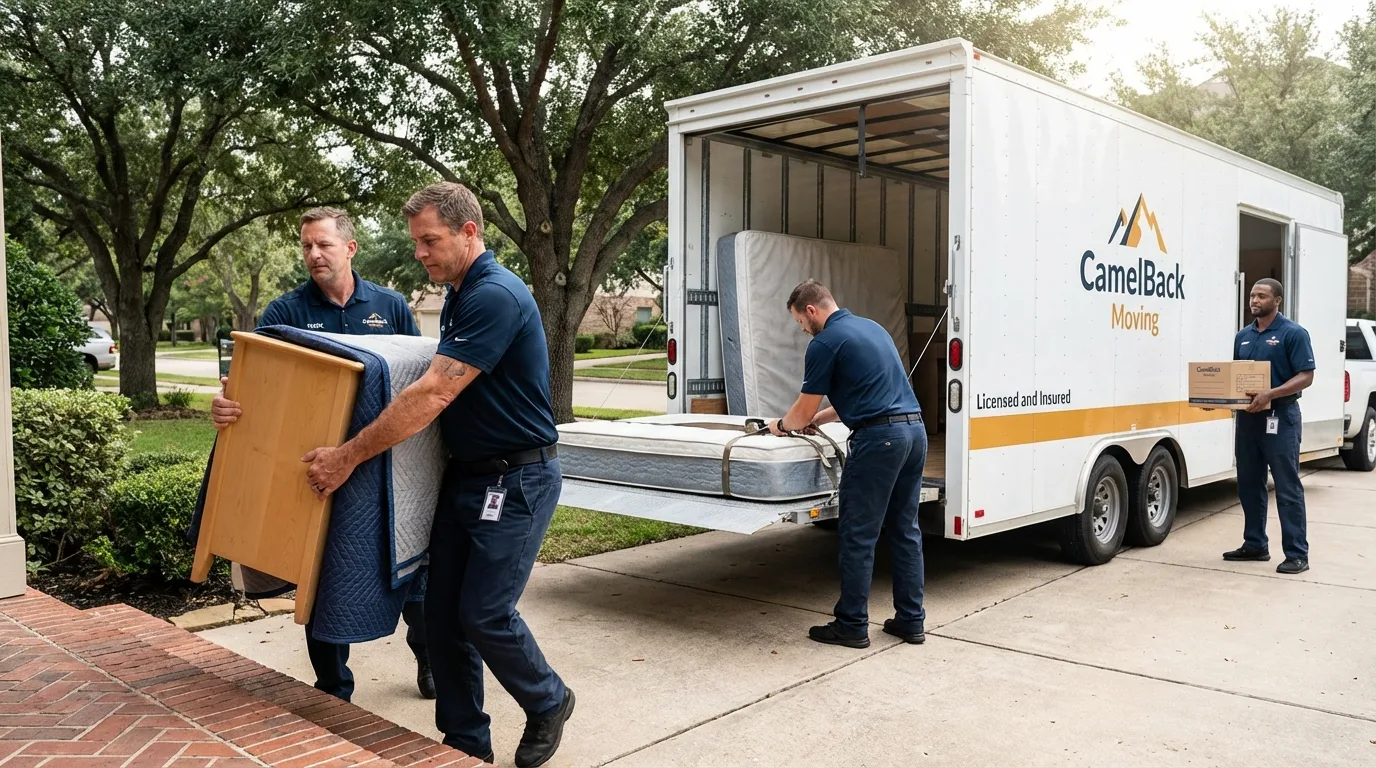 Crew loading residential truck for cross-state move from Harvest, AL