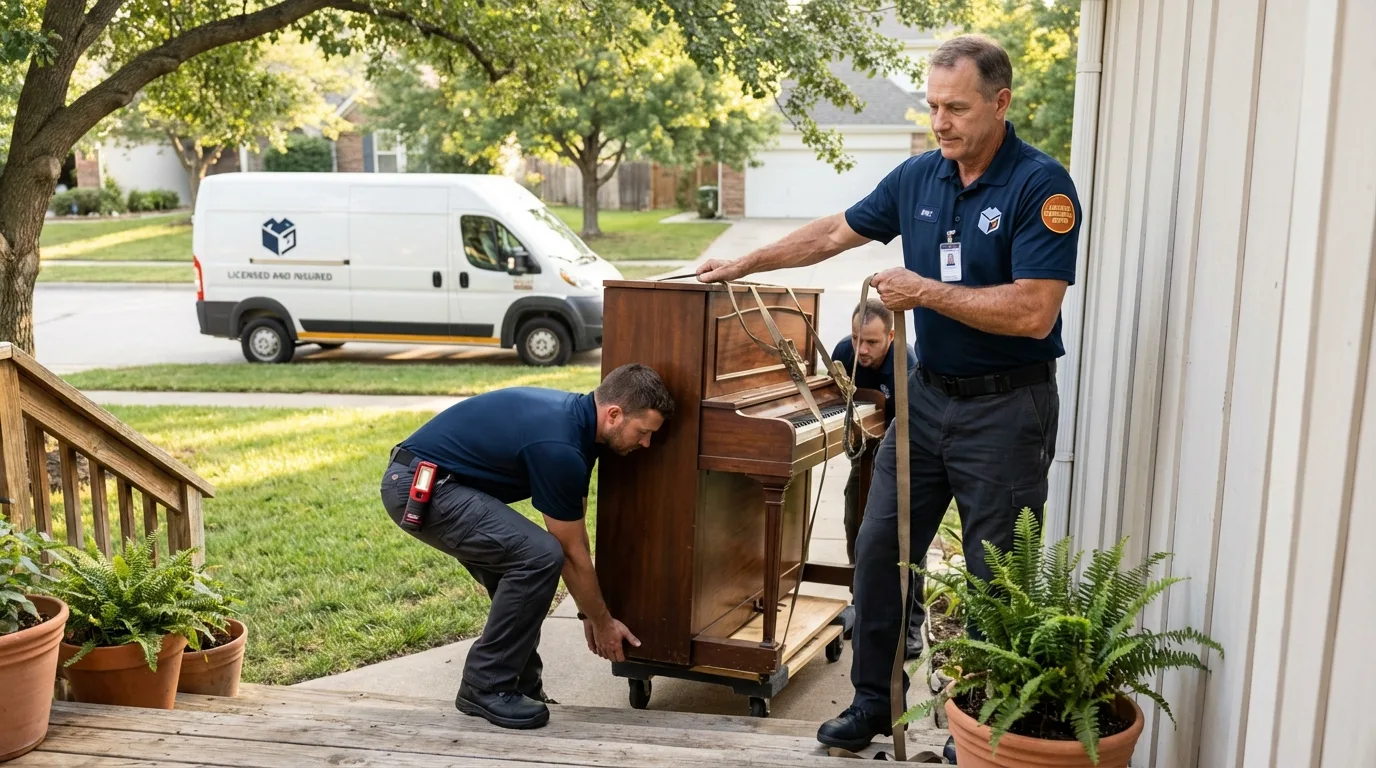 Licensed piano movers securing grand piano in Harvest, AL