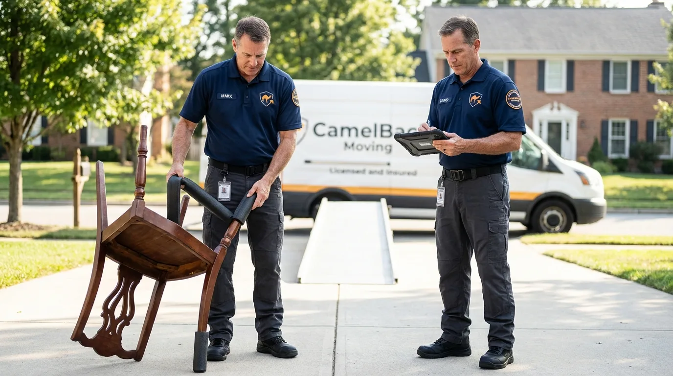 Movers inspecting furniture for damage prevention before loading in Harvest, AL