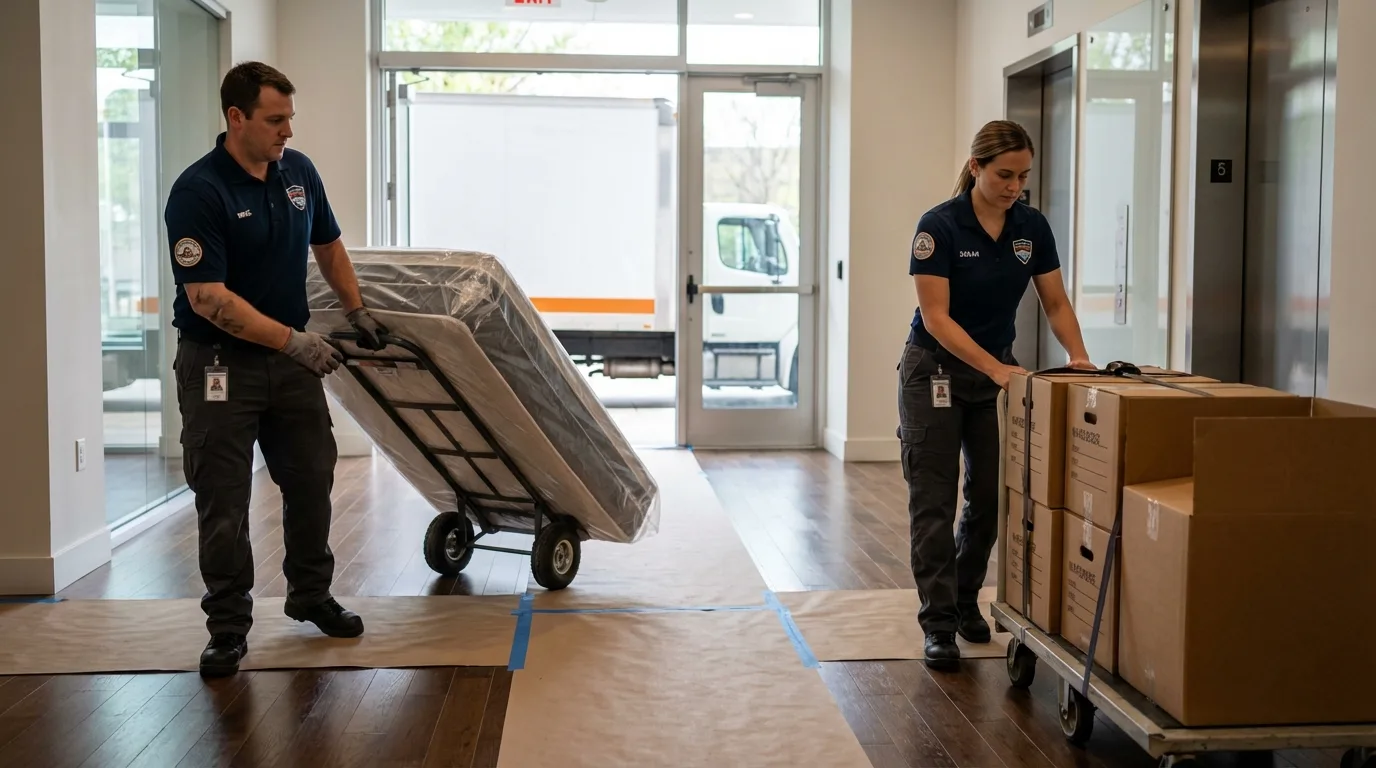 Professional apartment movers loading elevator in Harvest, AL
