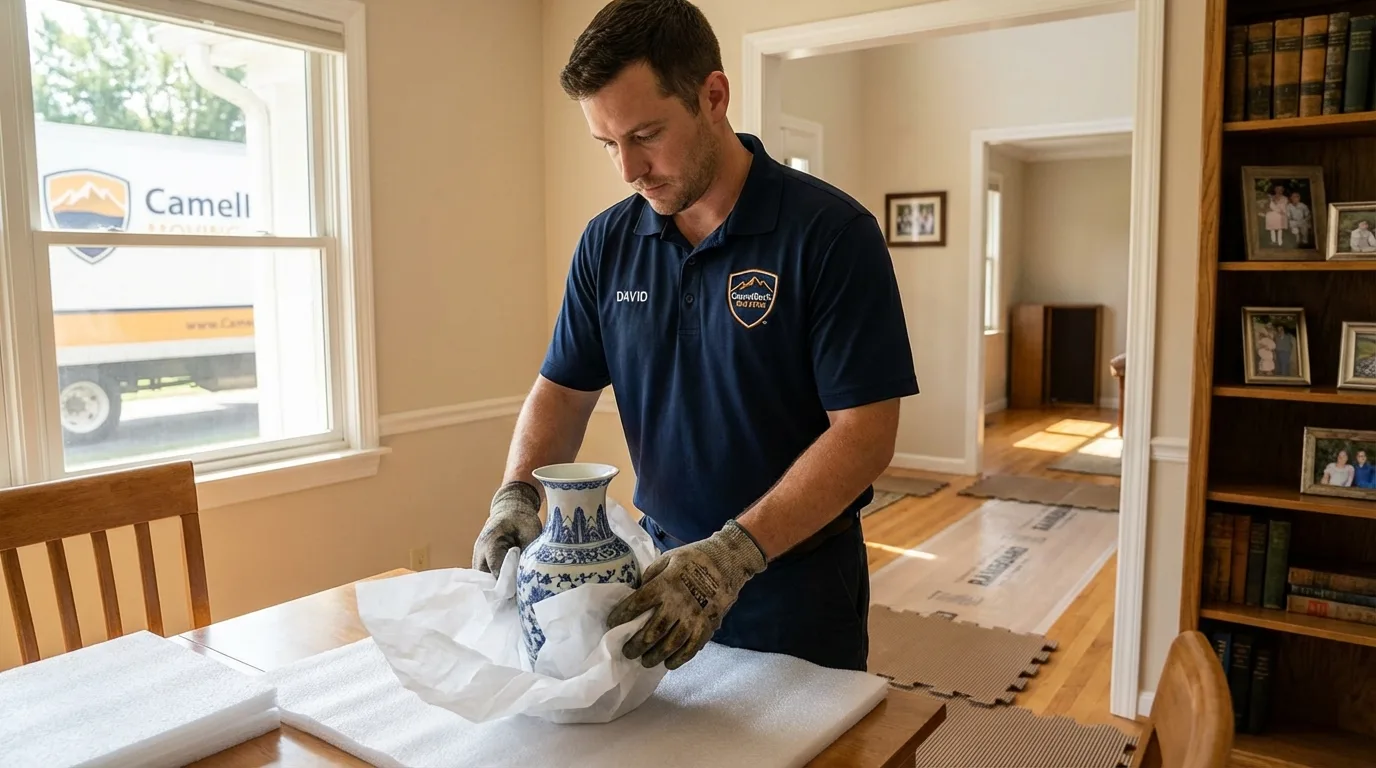 Professional crew carefully wrapping antique vase for senior downsizing move in Harvest, AL